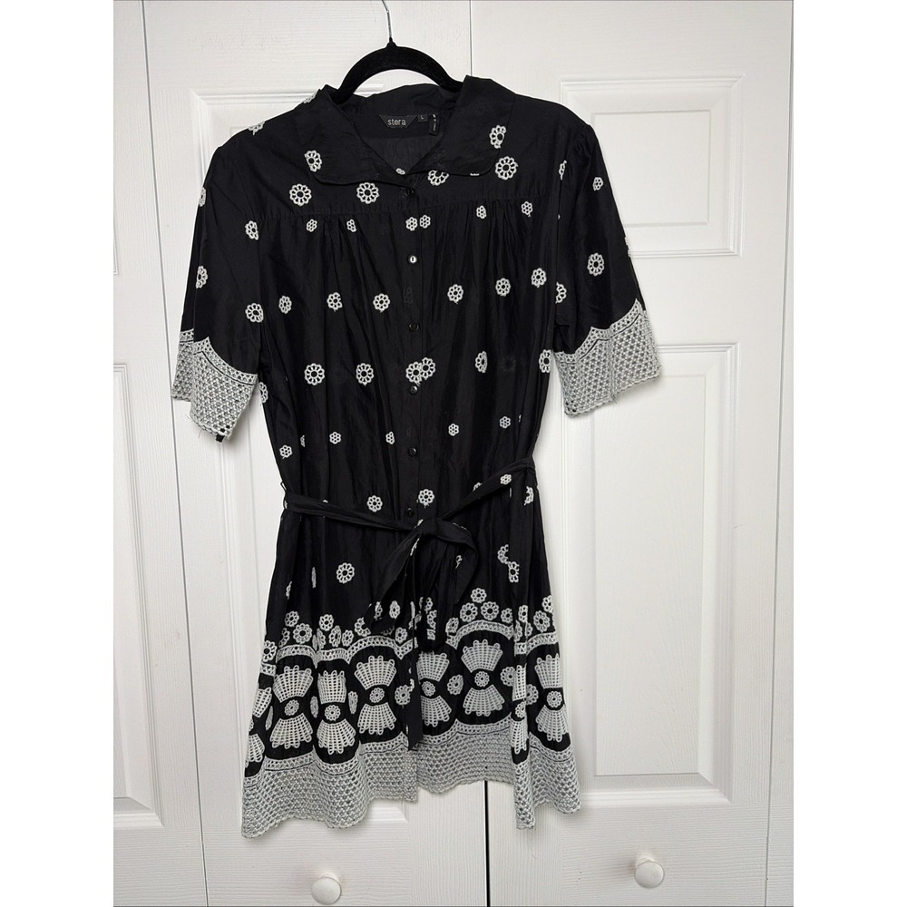 Stera Embroidered Eyelet Lace Shirt Dress Womens Size L Black White Boho Cotton